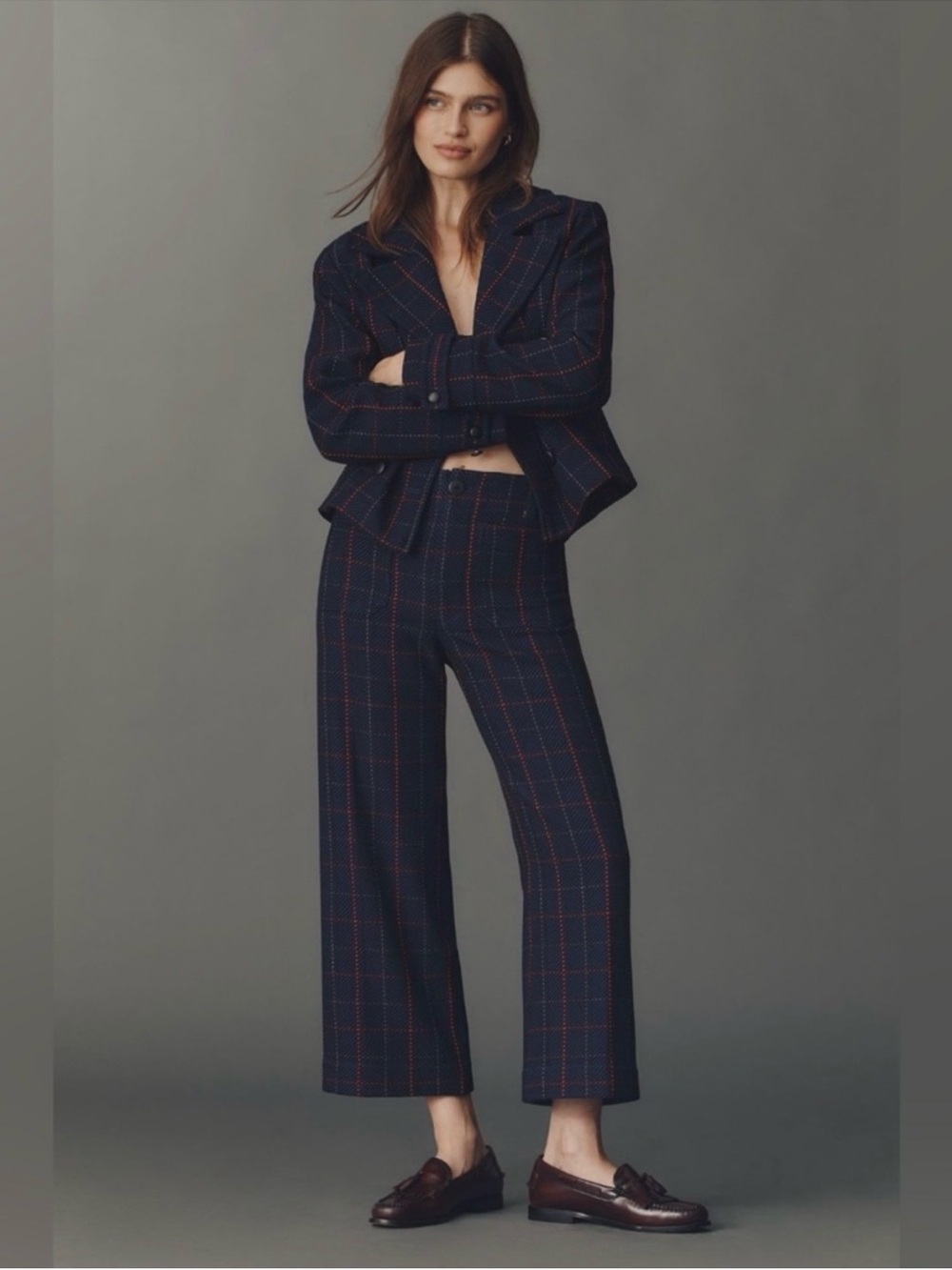 Anthropologie Maeve x @merricksart Colette Crop Knit Pants - Navy / Red Plaid 28